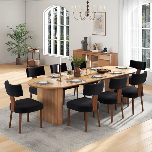 Miniatura 9 de Juego de mesa de comedor ovalada extensible de 59 a 90 pulgadas con 4 sillas de comedor con respaldo en T para 4 personas, moderna mesa de comedor