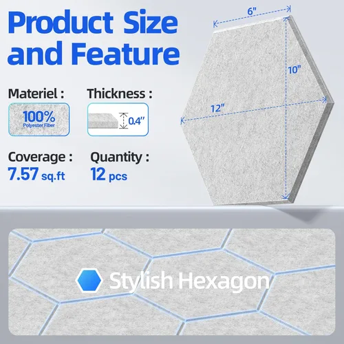 Miniatura 5 de Paquete de 12 paneles acústicos hexagonales con autoadhesivos, paneles de espuma a prueba de sonido de 12 x 10 x 0.4 pulgadas para paredes, paneles