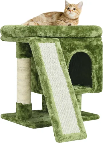 Miniatura 14 de SYANDLVY Árbol pequeño para gatos grandes de interior, condominio para gatitos con poste rascador y tabla, torre de actividades moderna con cueva