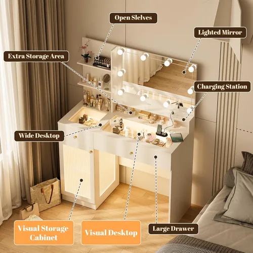Miniatura 7 de INNOD Escritorio de tocador de 40 pulgadas con espejo grande y luces, moderno juego de tocador de maquillaje con tapa de vidrio con toma