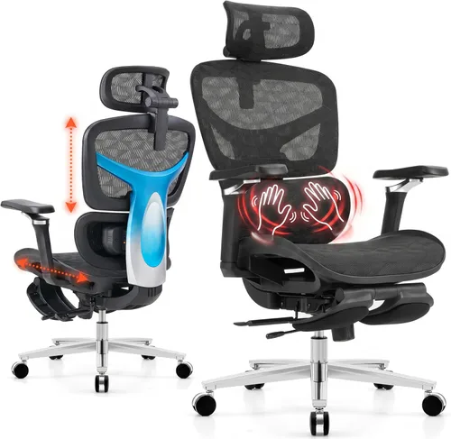 Silla de oficina ergonómica con reposapiés y soporte lumbar de masaje 3D, profundidad ajustable del asiento y altura del respaldo, grande y alta,