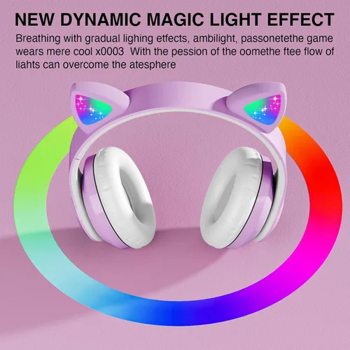 Miniatura 3 de Auriculares Bluetooth con cancelación de ruido para niños, auriculares plegables con forma de orejas de gato y luz LED, auriculares con orejas