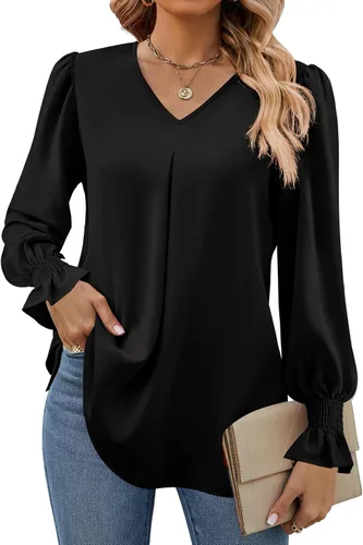 Miniatura 13 de Funlingo Blusas de mujer con mangas largas 2025, elegantes y casuales, con cuello en V, túnica suelta de gasa para el trabajo