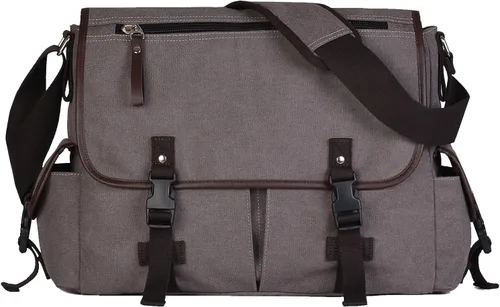 Miniatura 8 de Bolsa de mensajero vintage de lona para laptop de 15.6 pulgadas para hombres y mujeres, bolsa de hombro para computadora universitaria, maletines