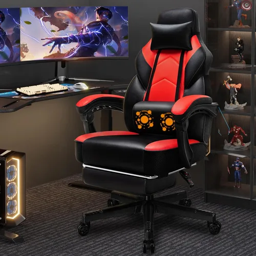 Miniatura 10 de Silla de juego Shintenchi, silla para videojuegos con reposapiés y soporte lumbar de masaje, silla de juego ajustable en altura con asiento