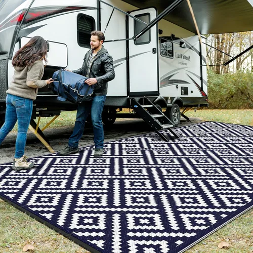 Miniatura 25 de GENIMO Alfombra de exterior impermeable de 5 x 8 pies, alfombras reversibles, alfombra de área, alfombra de plástico para exteriores, alfombra Negro