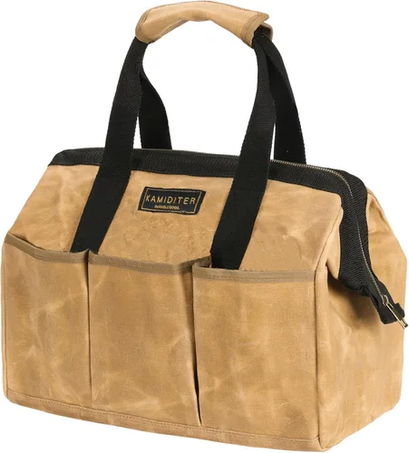 Miniatura 10 de Bolsa Portaherramientas, Bolsa de Herramientas de Lona Encerada Resistente de 13 Pulgadas de Boca Ancha, Bolsa de Herramientas de Parte Superior