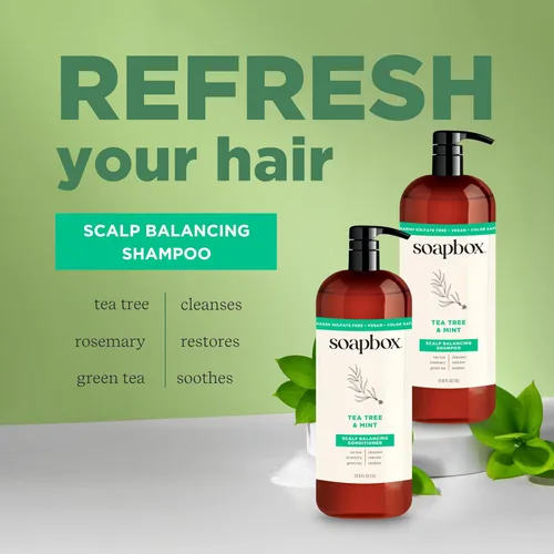 Miniatura 3 de Set de champú y acondicionador de aceite de árbol de té Soapbox, equilibrado para el cuero cabelludo con aceite de árbol de té, aceite de jojoba