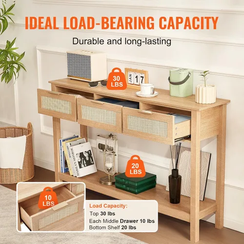 Miniatura 5 de Mesa consola de ratán VEVOR, mesa de entrada con 3 cajones de almacenamiento, mesa de pasillo con puerta corrediza de ratán natural, mesa consola