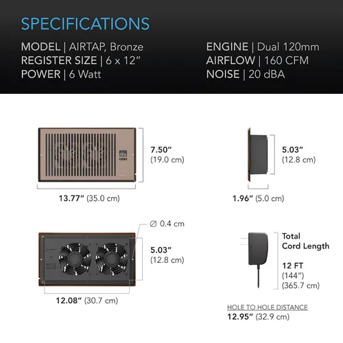 Miniatura 5 de AC Infinity AIRTAP T6 Bronce, ventilador auxiliar para rejillas de 15 x 25 cm, mejora las rejillas de calefacción y refrigeración, silencioso con 10