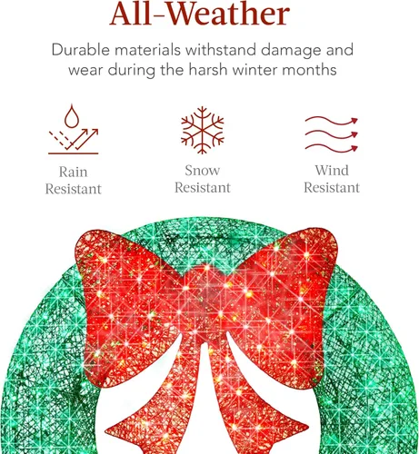 Miniatura 5 de Best Choice Products Corona de Navidad Preiluminada para Exteriores de 60 Pulgadas, Decoración Navideña de Metal LED para Exterior del Hogar, Jardín