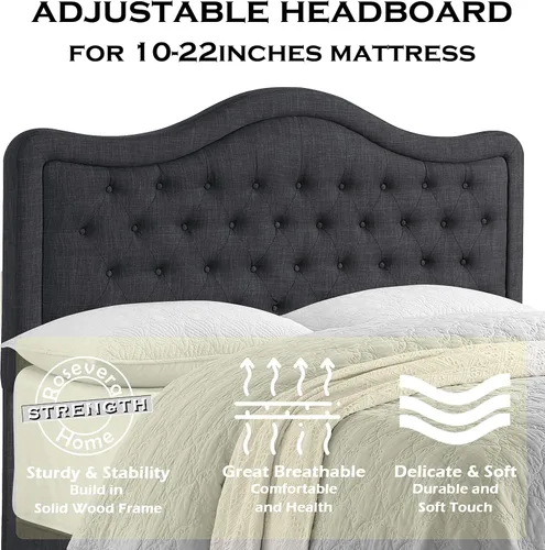 Miniatura 2 de Rosevera Turin Linen - Cama tapizada con paneles con cabecero ajustable con botones para dormitorio, tamaño Queen, carbono