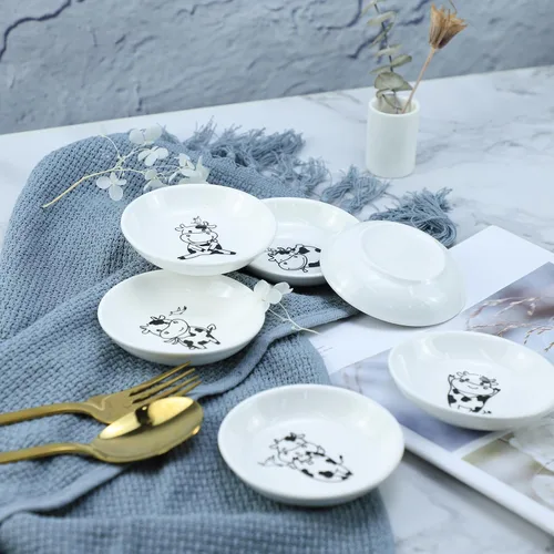 Miniatura 4 de Divertidos platos de cerámica con diseño de vaca y pájaro de caricatura, platos de condimentos, cuencos de sushi y soja, platos de aperitivo, platos