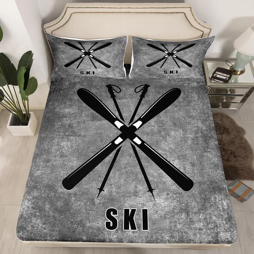 Miniatura 12 de Juego de ropa de cama de esquí, tamaño individual, con dibujos animados, esquí, esquí, snowboard, sábana bajera ajustable de 2 piezas con estampado
