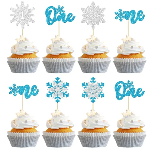Miniatura 26 de Gyufise Paquete de 24 adornos de copos de nieve Oh Baby para cupcakes con purpurina azul Frozen Oh Baby Pick Decoraciones para baby shower