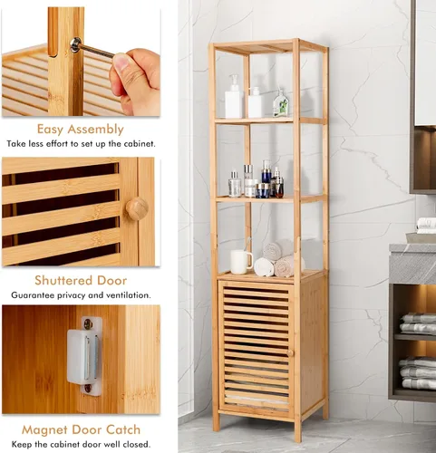 Miniatura 5 de LOKO Gabinete alto de bambú, gabinete de almacenamiento estrecho para baño con estantes de 3 niveles y puerta de obturador, gabinete de torre