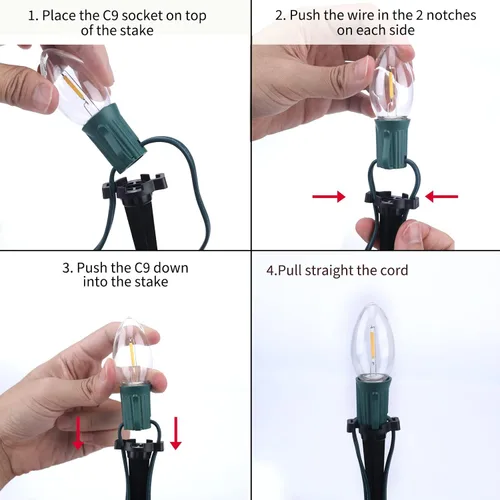 Miniatura 6 de Luces LED C9 para camino, 2 juegos en total de 51.4 pies de luz de camino de Navidad con 40 bombillas y estacas, tira de luces extensibles Blanco