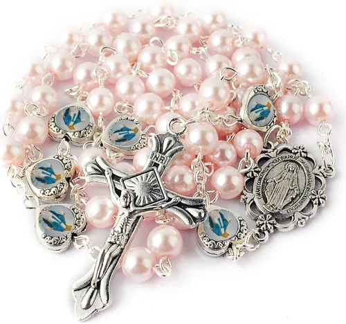 Miniatura 4 de HanlinCC Cuentas de perlas de vidrio con corazón epoxi milagroso collar de rosario en bolsa de regalo de terciopelo con tarjeta de oración