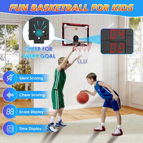 Miniatura 8 de CYFIE Mini aro de baloncesto para interiores para niños con luz LED, ventosa/aro de baloncesto sobre la puerta con marcador y 3 bolas, juguetes
