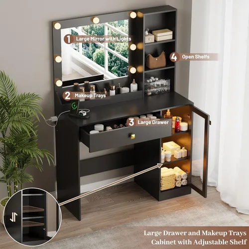 Miniatura 4 de Thacuok Tocador de maquillaje negro con espejo y luces, tocador de 34 pulgadas de ancho con estación de carga y gabinete de vidrio RGB, pequeño