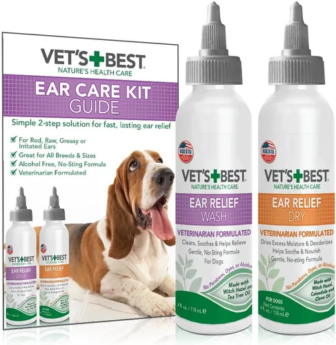 Vet's Best Kit limpiador de oídos para perros, alivio de oídos multisíntoma, tratamiento de lavado y seco, sin alcohol