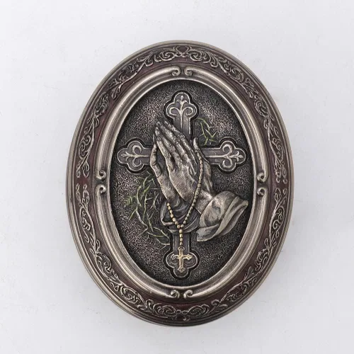 Miniatura 5 de Veronese Design 2 1/2 pulgadas de alto, mano orante, forma ovalada, caja de baratija, escultura de resina bronceada, escultura religiosa