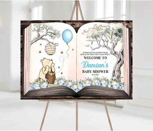 Miniatura 15 de Letrero de bienvenida personalizado de Pooh, cartel de bienvenida al baby shower, baby shower de oso Pooh, revelación de género, decoraciones