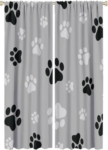 Miniatura 15 de Cortinas opacas con diseño de animales, fondo azul con huellas de perro, huesos y divertido patrón de cachorro, cortinas de sala de estar para niños