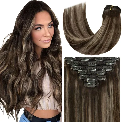 Miniatura 17 de Loxxy Extensiones de cabello humano con clip, sin costuras, 22 pulgadas, color marrón oscuro a castaño oscuro y marrón oscuro, 7 piezas