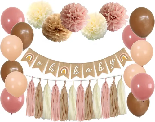 Juego de 40 decoraciones de fiesta de baby shower, color rosa y marrón, paquete de 40 pompones de papel con flores, globos de flores de papel,