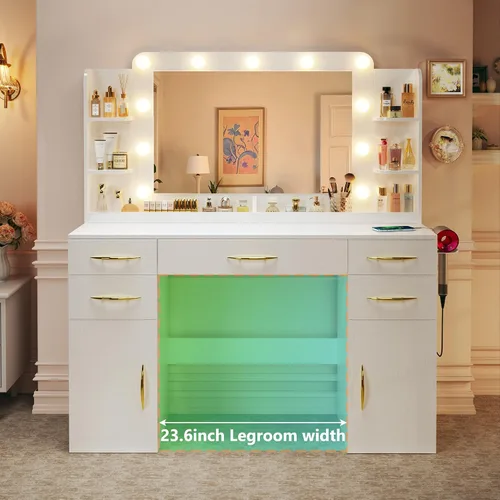Miniatura 7 de Escritorio de tocador con espejo y luces, mesa de maquillaje de 50 pulgadas de ancho, 3 modos de iluminación, toma de corriente integrada, 5 cajones