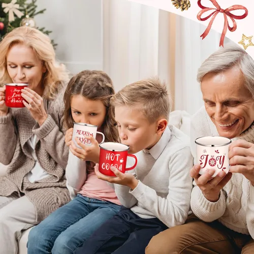 Miniatura 2 de Juego de 12 tazas de café de Navidad, tazas de esmalte blanco y rojo de 12 oz, tazas novedosas divertidas para las fiestas, para mujeres, hombres