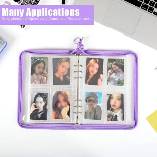 Miniatura 7 de Libro de 4 bolsillos para tarjetas fotográficas K-pop con 30 páginas interiores, 6 anillas, carpeta de tarjetas fotográficas A5, libro para Morado
