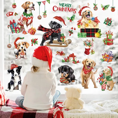 Miniatura 2 de decalmile Adhesivos de ventana de Navidad para perros y cachorros, reutilizables, para mascotas, perros, Navidad, doble cara, impresos, calcomanías