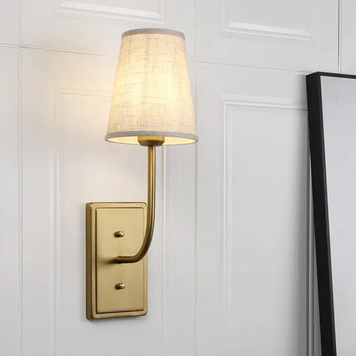 Miniatura 10 de Aplique de pared de latón de granja, 1 luz, pantalla de tela de lino, lámpara de pared interior con cable para dormitorio, sala de estar, tocador