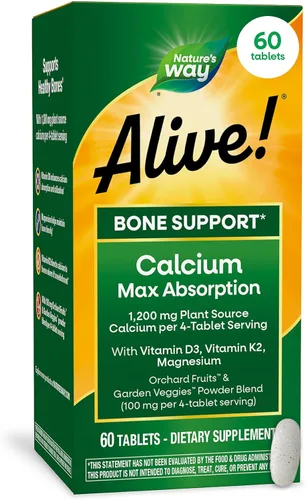 Nature's Way ¡Alive! Tabletas de apoyo óseo de calcio*, suplemento de calcio de máxima absorción con vitaminas D3, K2 y magnesio, promueve la salud
