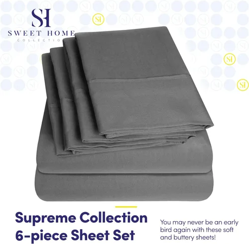 Miniatura 2 de Sábanas de cama tamaño California King – 6 piezas 1500 Supreme Collection Juego de sábanas de microfibra cepillada fina con bolsillos profundos Gris