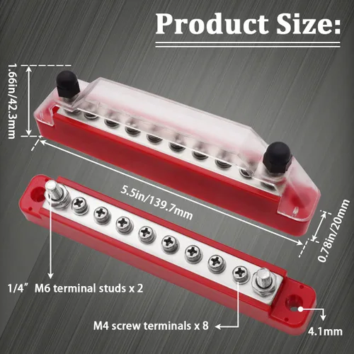 Miniatura 2 de (rojo + negro) Bloque de terminales de distribución de energía con cubierta con pernos de terminal M6, tornillos de terminal M4, barra de bus