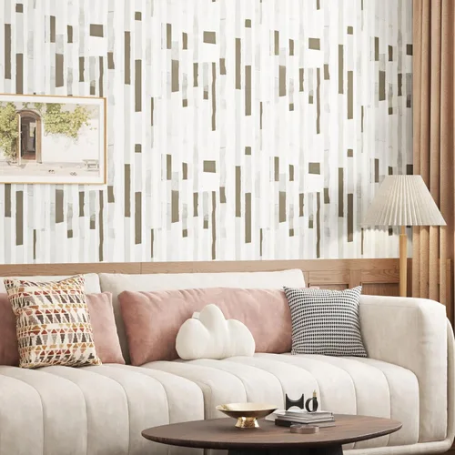 Miniatura 5 de Papel tapiz geométrico, color beige, marrón y blanco, papel tapiz para despegar y pegar, papel de contacto con rayas geométricas, papel de pared