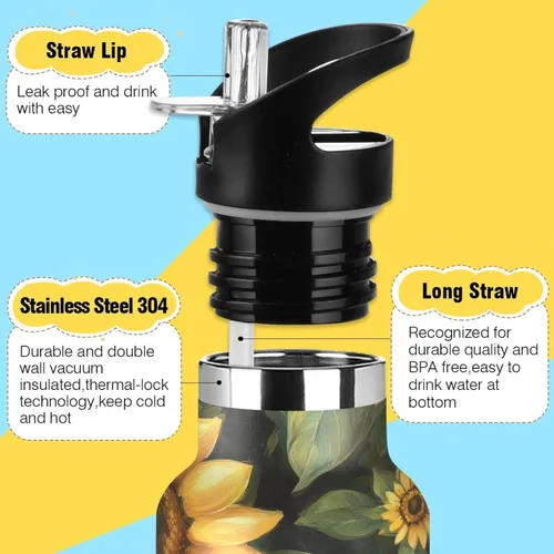 Miniatura 3 de Trendy Sunflower Oil Painting Style Leak Proof & BPA Free Sports Insulated Water Bottle With Straws Leak-proof Hot & Cold Double Walled for