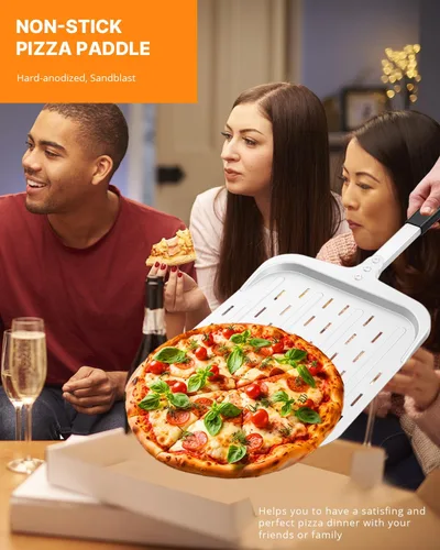 Miniatura 4 de Pala de pizza de 12 pulgadas, pala de aluminio para pizza (12 x 13.7 pulgadas) con diseño perforado y mango resistente al calor, herramienta