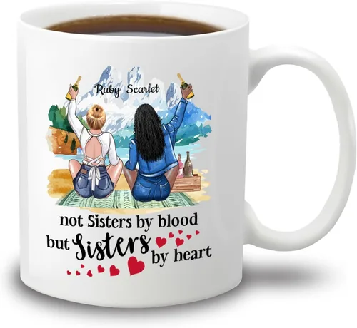 Tazas de café personalizadas con texto en inglés «Not Sisters By Birth But Sisters By Heart» para mujeres, taza personalizada para mejor amiga,