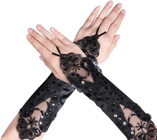 HAOZAIKEJI - Guantes de encaje floral sin dedos, guantes de novia con lentejuelas para mujer, ropa de mano, boda, graduación, fiesta, mitón vintage,