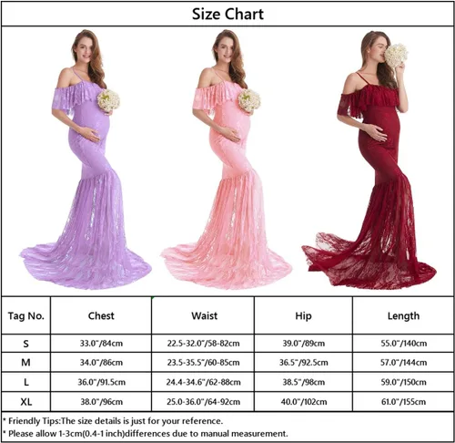 Miniatura 7 de HIHCBF Vestido de sirena de maternidad de encaje para mujer, hombros descubiertos, volantes, tirantes delgados, ajustado, para sesión de fotos