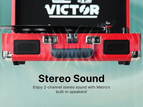 Miniatura 9 de VICTOR Metro - Tocadiscos portátil de maleta de 3 velocidades con doble entrada y salida Bluetooth y altavoces estéreo integrados, rojo (VSRP-800-RD)