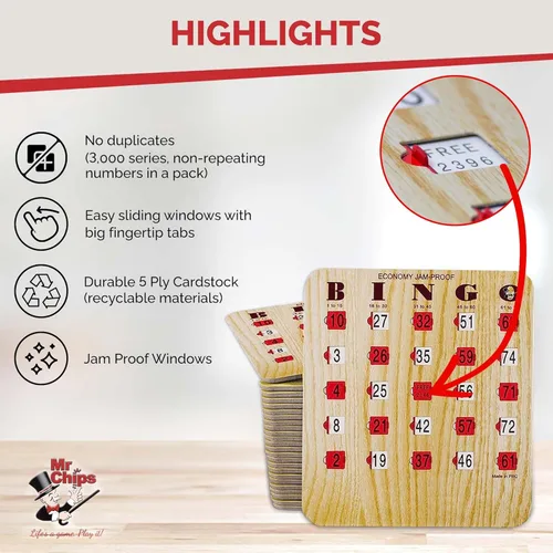 Miniatura 5 de MR CHIPS Tarjetas de bingo a prueba de atascos con ventanas deslizantes, 25 tarjetas de obturador de bingo reutilizables, 75 tarjetas de llamadas