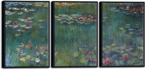 Wieco Art Claude Monet - Lienzo enmarcado con 3 paneles, arte de pared de lirios de agua por Claude Monet, pinturas famosas, impresiones en lienzo