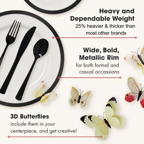Miniatura 6 de By Madee HEAVYweight - Juego de 150 platos y utensilios de plástico transparente y negro, juegos de vajilla de plástico elegante con regalo de claro