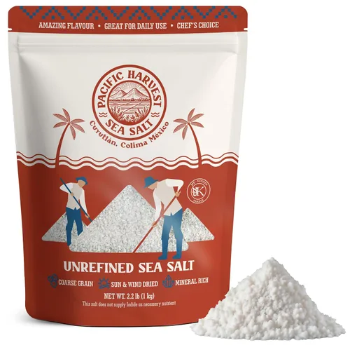 Pacific Harvest Sea Salt | Sal marina natural de grano grueso | Cosechada a mano en Colima México | Sin refinar, sin aditivos | 833 porciones | 2.2