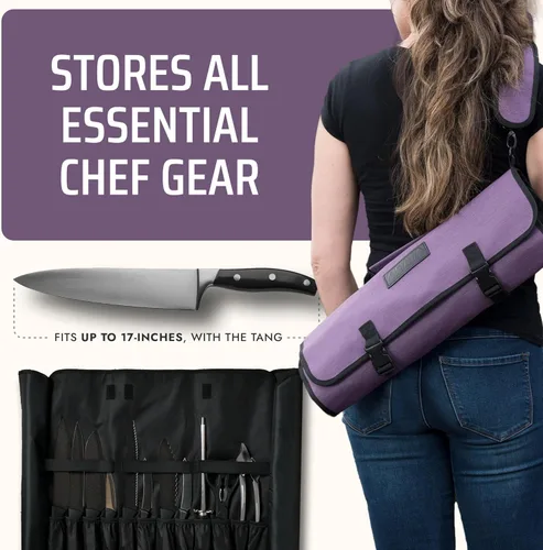 Miniatura 4 de Asaya Bolsa de nailon encerado para cuchillos de chef con 20 ranuras y bolsillos con cremallera, bolsa profesional para cuchillos de chef y estuche